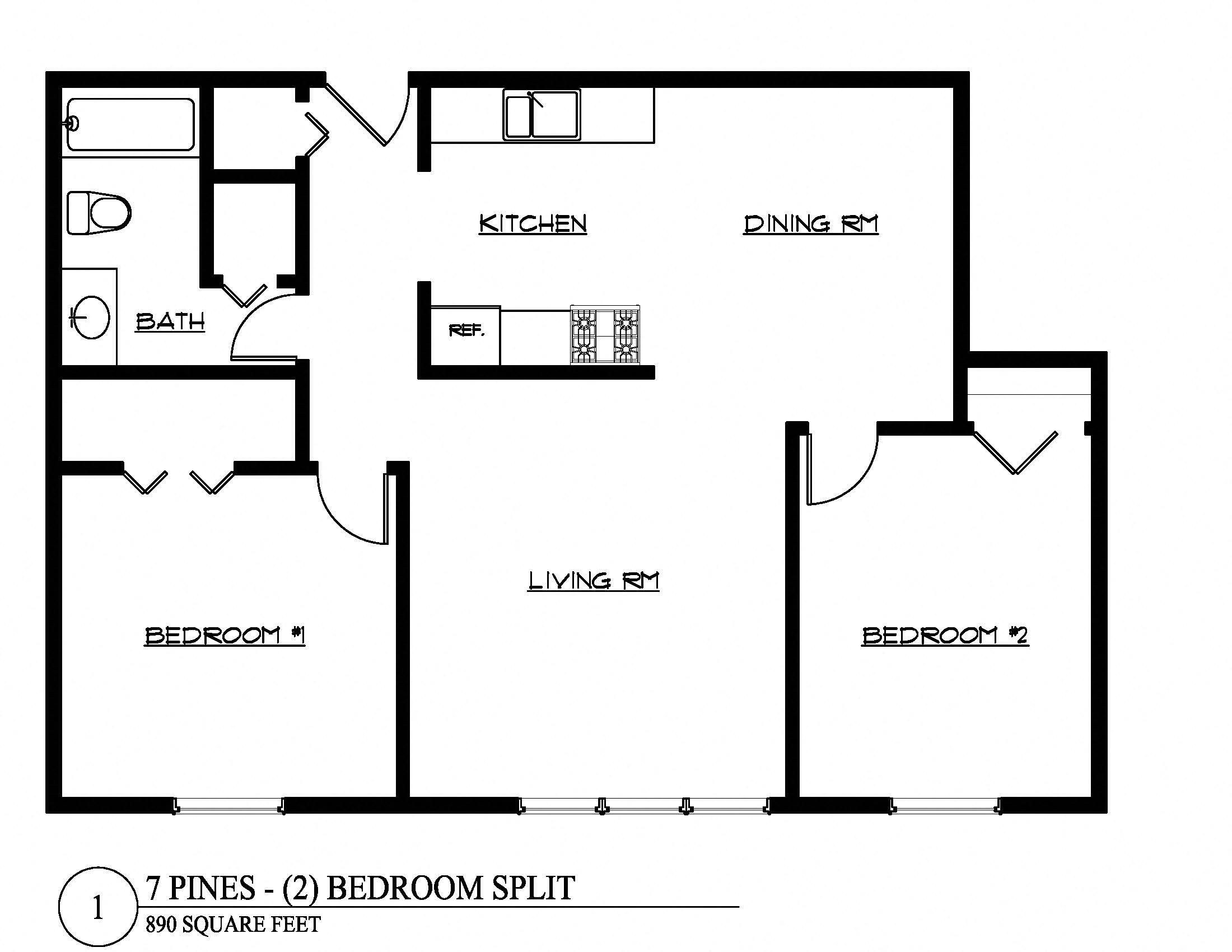 Floor plan for 2 beds, 1 bath, 830 sqft